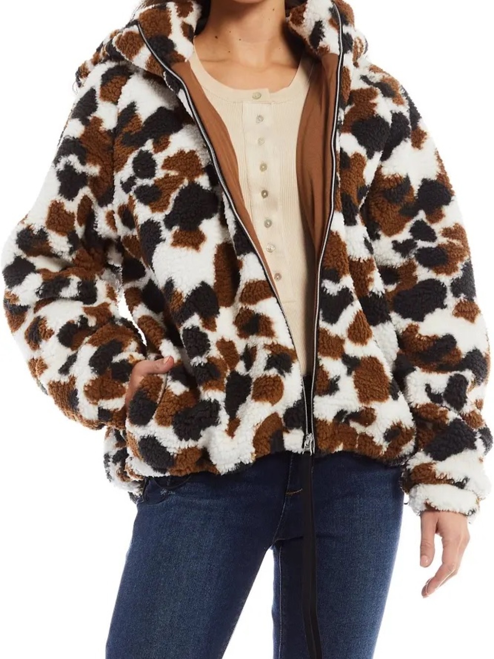 UGG Women's Cow-Print Teddy Zip Jacket in Brown Black White